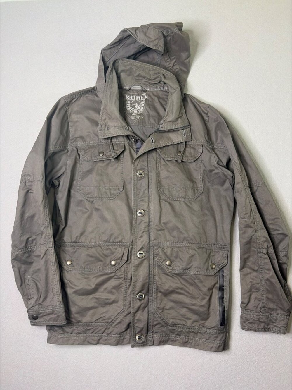 Kuhl Kollusion Jacket Size S Grey Hooded Hiking Camping Outdoors